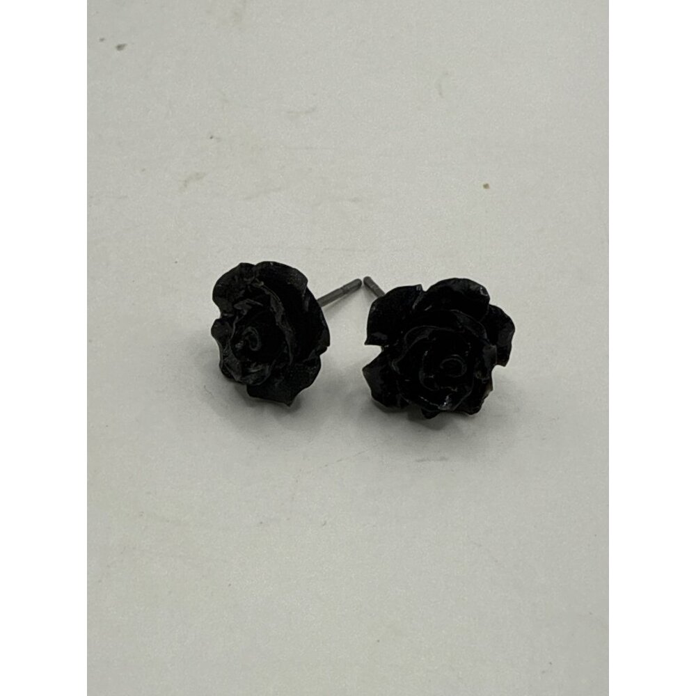 Black Rose-Shaped Stud Earrings With Silver-Tone Posts For Women Or Teens